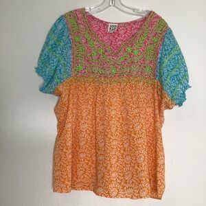 Sister Mary Colorful Embroidered Peasant Top Puff Sleeves XL